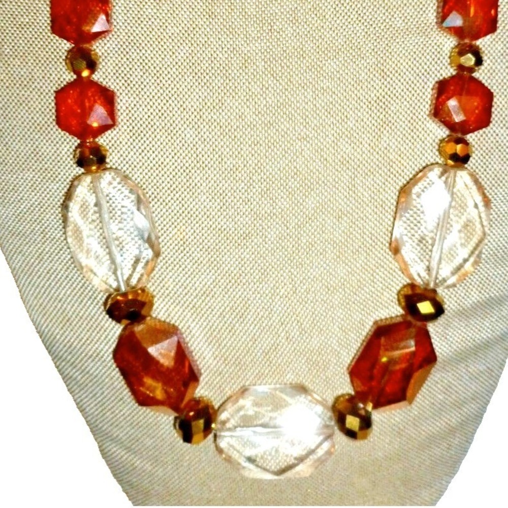 Unbranded Amber Clear Faceted Bead Gold Tone Statement Necklace Lobster Claw